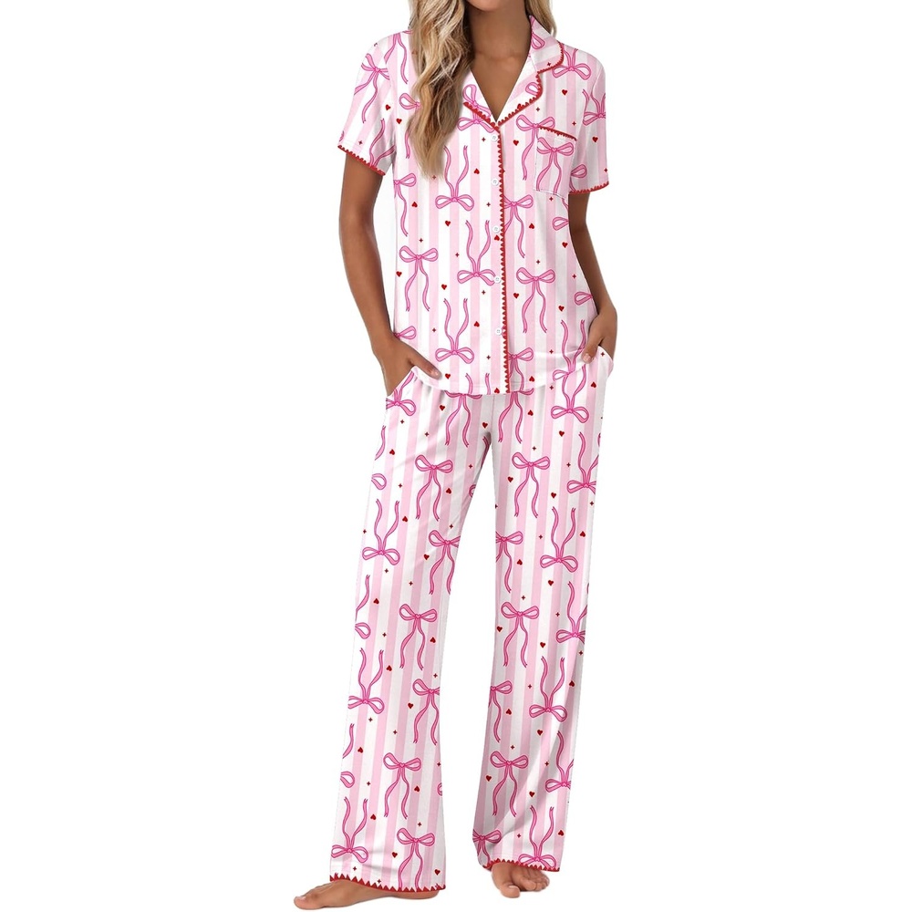 image:imageEkouaer Pajamas for Women Set Button Up Soft Pjs Short Sleeve Lounge SetsPink Stripe  Bow
