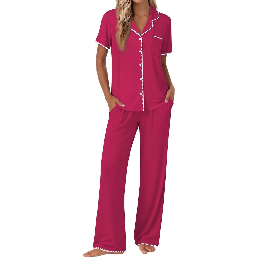 image:imageEkouaer Pajamas for Women Set Button Up Soft Pjs Short Sleeve Lounge SetsRose Red