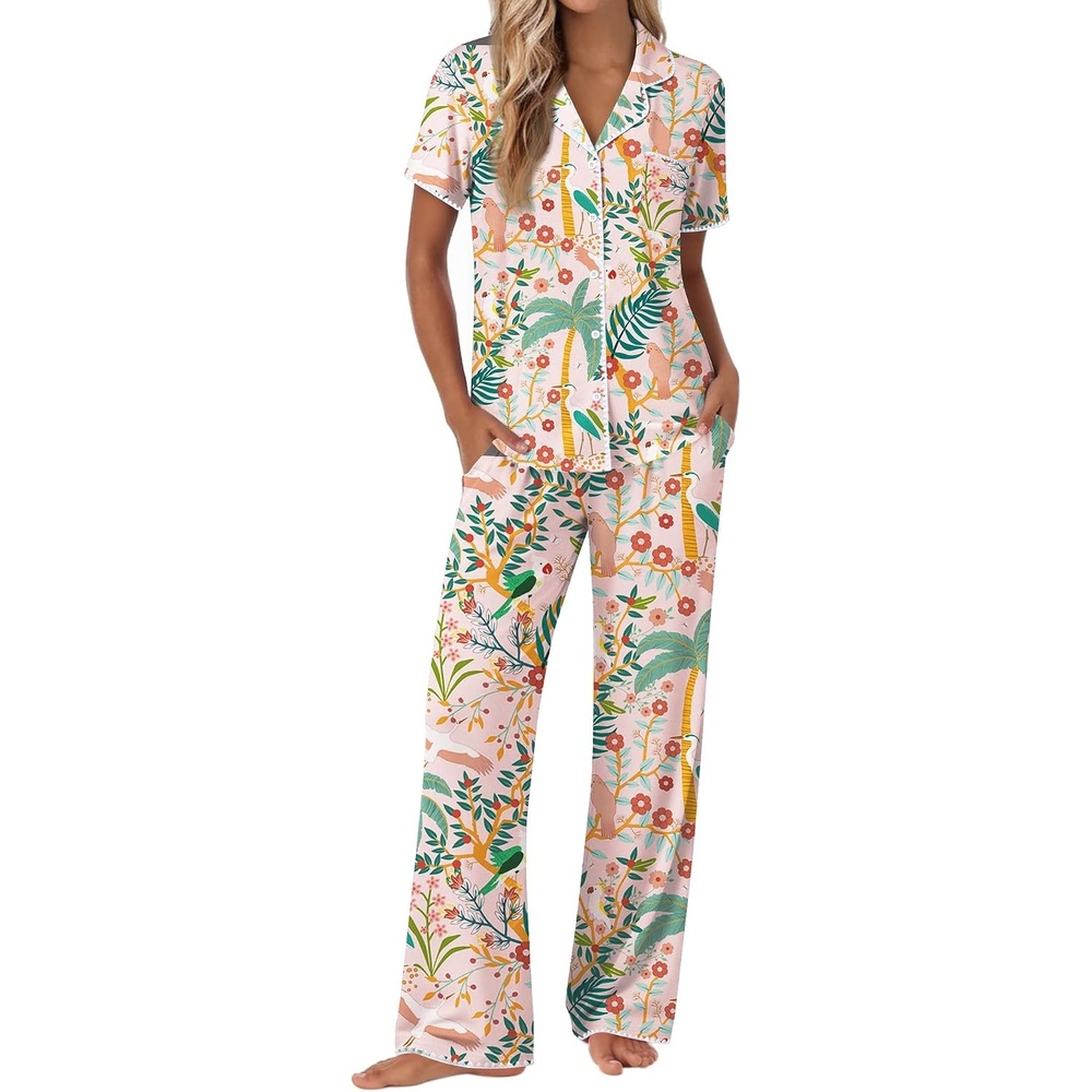 image:imageEkouaer Pajamas for Women Set Button Up Soft Pjs Short Sleeve Lounge SetsTropical Print