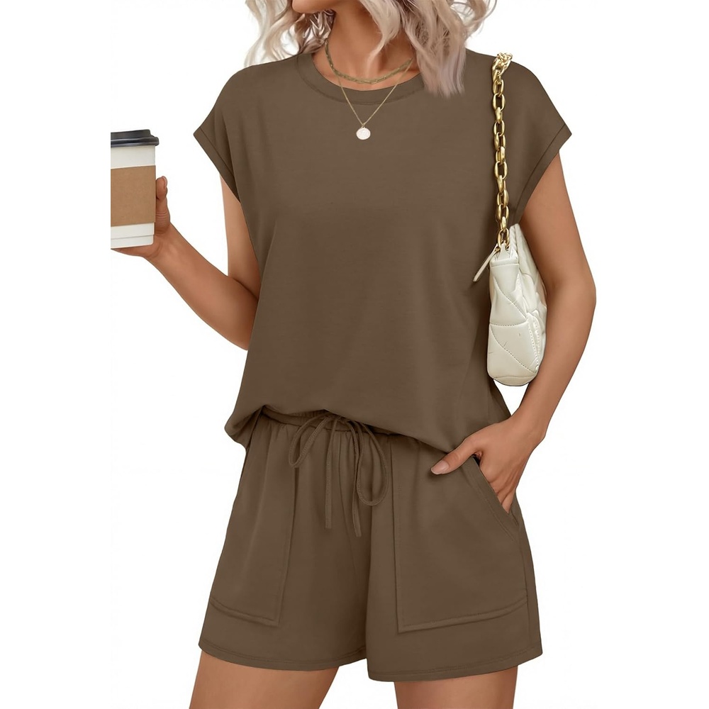 image:imageEkouaer Two Piece Sets for Women Summer Lounge Short Sets with PocketBrown
