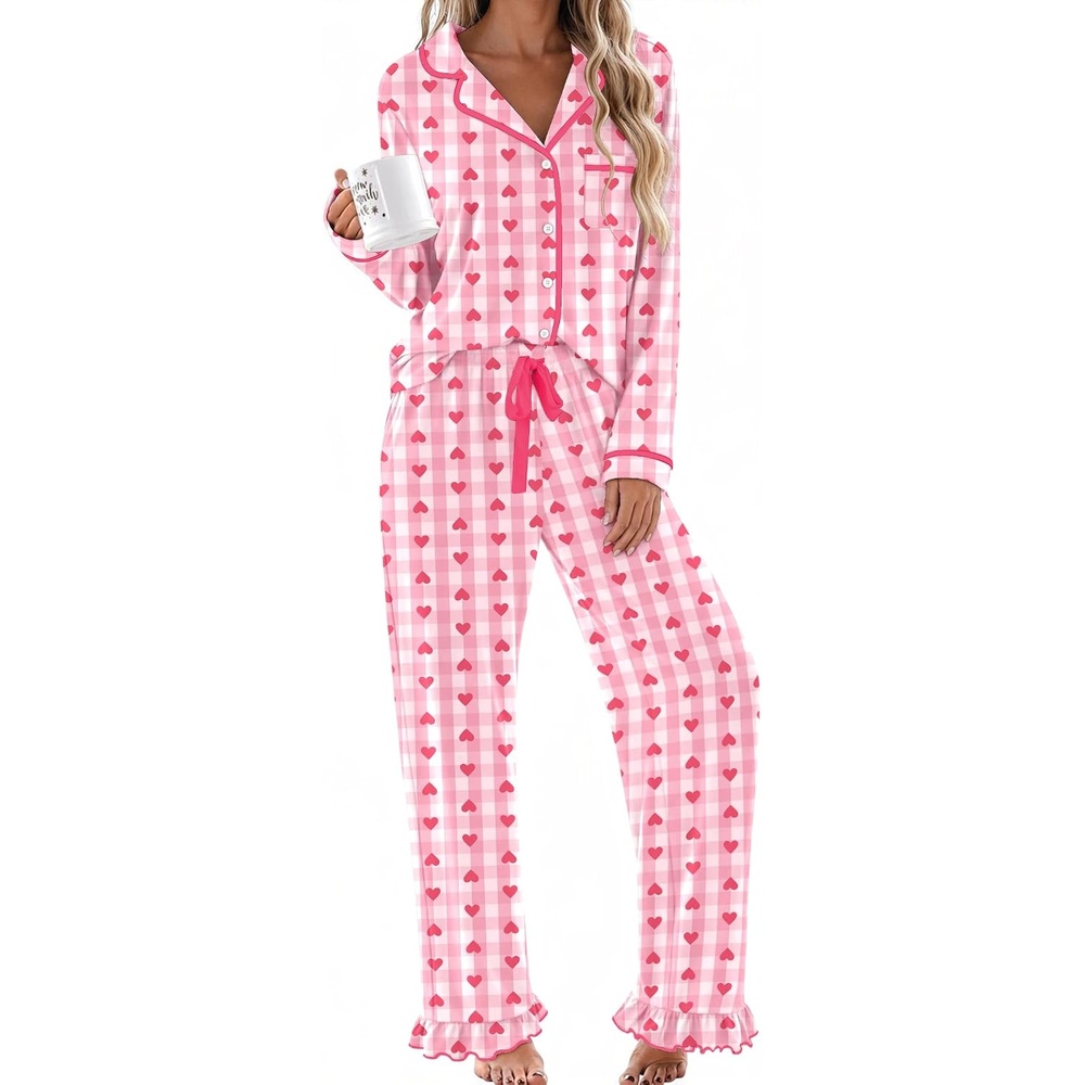 image:imageEkouaer Womens Pajama Sets Long Sleeve Sleepwear Button Down Pjs LoungewearPink Heart Plaid