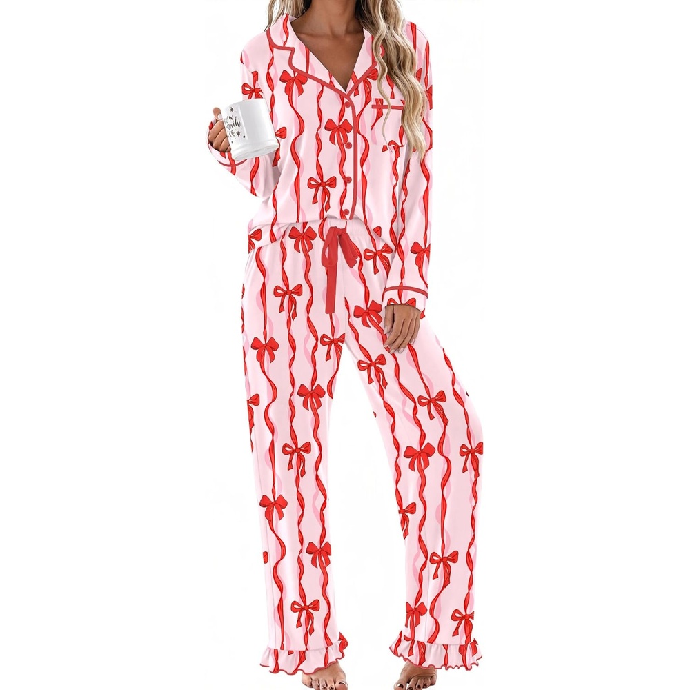 image:imageEkouaer Womens Pajama Sets Long Sleeve Sleepwear Button Down Pjs LoungewearRed Bowknot Stripes