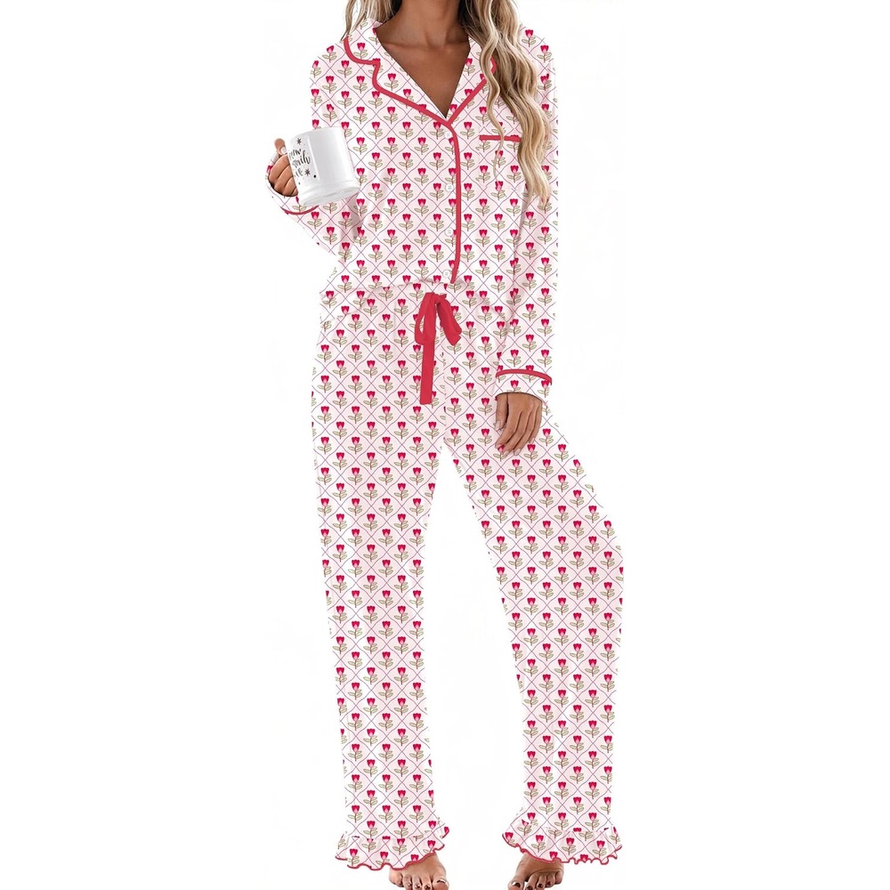 image:imageEkouaer Womens Pajama Sets Long Sleeve Sleepwear Button Down Pjs LoungewearWhite Flower