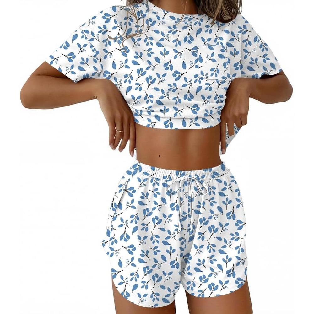 image:imageEkouaer Womens Pajama Sets Sexy Lounge Sets Side Split Short Pj SetsBlue Leaves