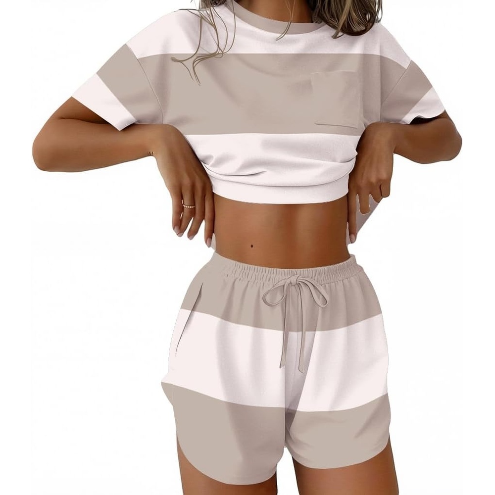 image:imageEkouaer Womens Pajama Sets Sexy Lounge Sets Side Split Short Pj SetsKhaki Stripes