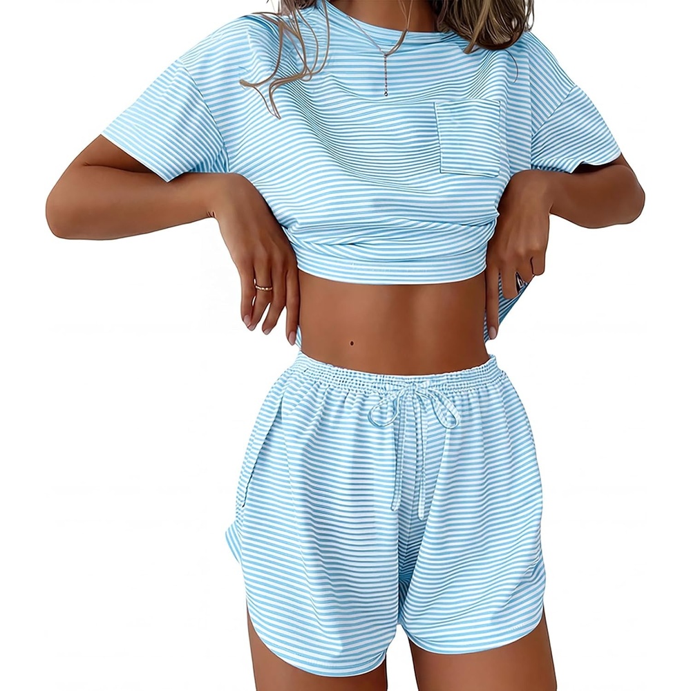 image:imageEkouaer Womens Pajama Sets Sexy Lounge Sets Side Split Short Pj SetsLight Blue Stripes