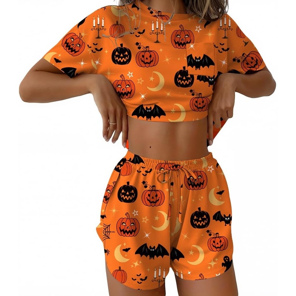 image:imageEkouaer Womens Pajama Sets Sexy Lounge Sets Side Split Short Pj SetsOrange Pumpkins and Bats