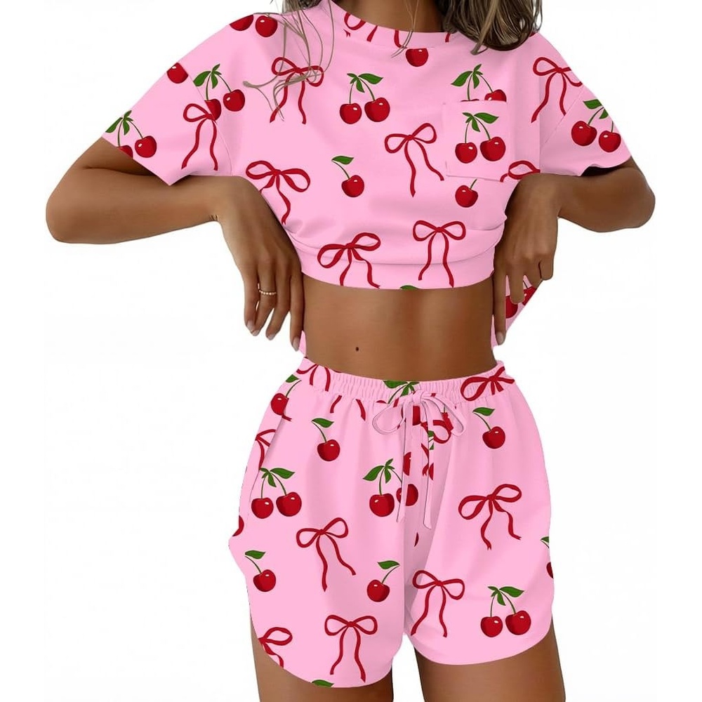 image:imageEkouaer Womens Pajama Sets Sexy Lounge Sets Side Split Short Pj SetsPink Cherry Bow