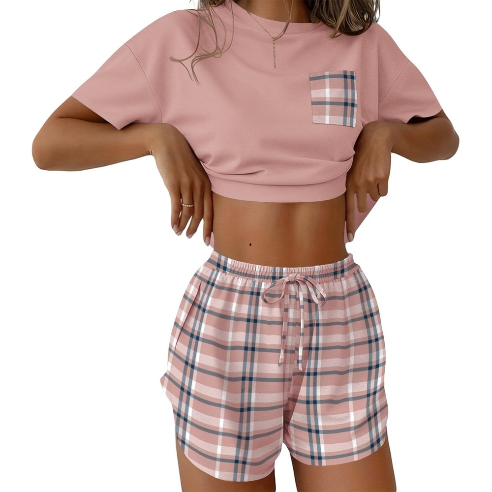 image:imageEkouaer Womens Pajama Sets Sexy Lounge Sets Side Split Short Pj SetsPink Plaid