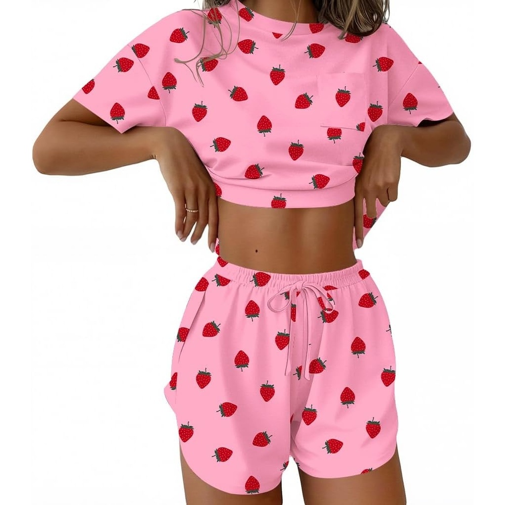 image:imageEkouaer Womens Pajama Sets Sexy Lounge Sets Side Split Short Pj SetsPink Strawberry