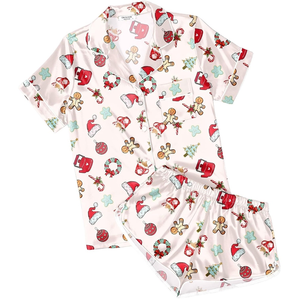 image:imageEkouaer Womens Satin Pajama Set Silk Pj Short Sets 2 Piece Loungewear S5XLBeige Christmas Gingerbread