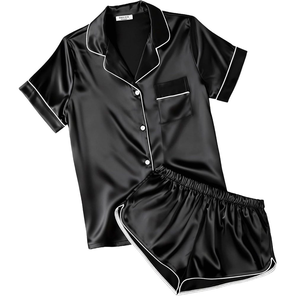 image:imageEkouaer Womens Satin Pajama Set Silk Pj Short Sets 2 Piece Loungewear S5XLBlack