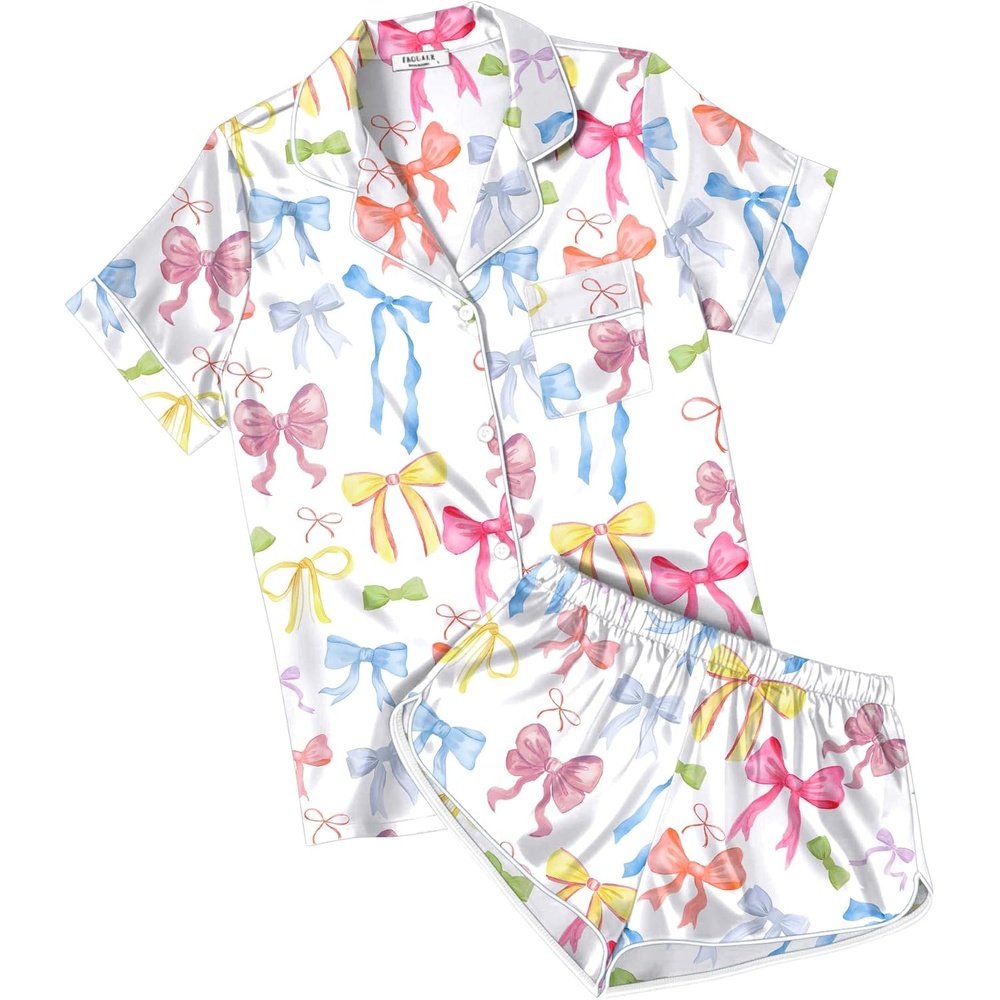 image:imageEkouaer Womens Satin Pajama Set Silk Pj Short Sets 2 Piece Loungewear S5XLColorful Bow Print