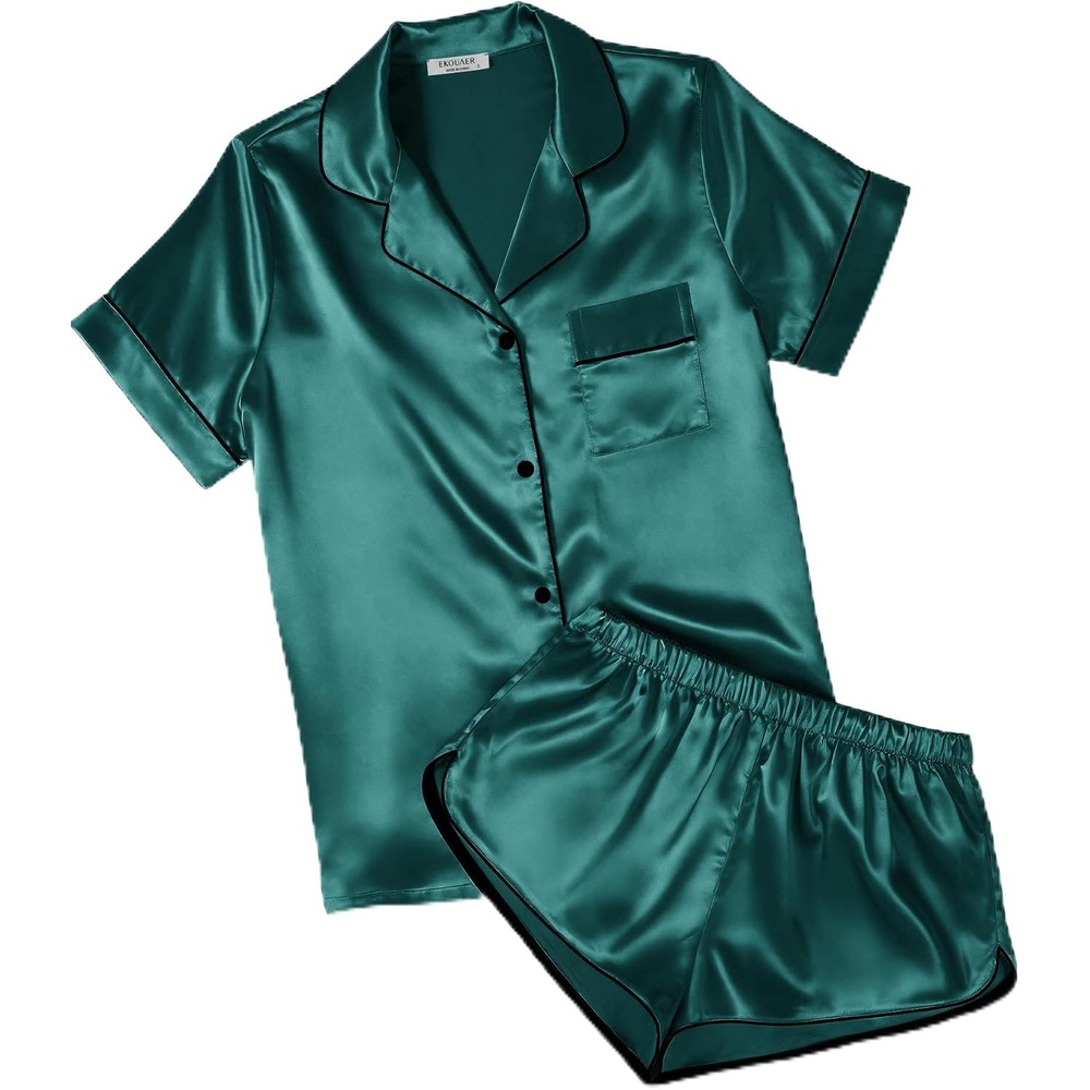 image:imageEkouaer Womens Satin Pajama Set Silk Pj Short Sets 2 Piece Loungewear S5XLDark Green