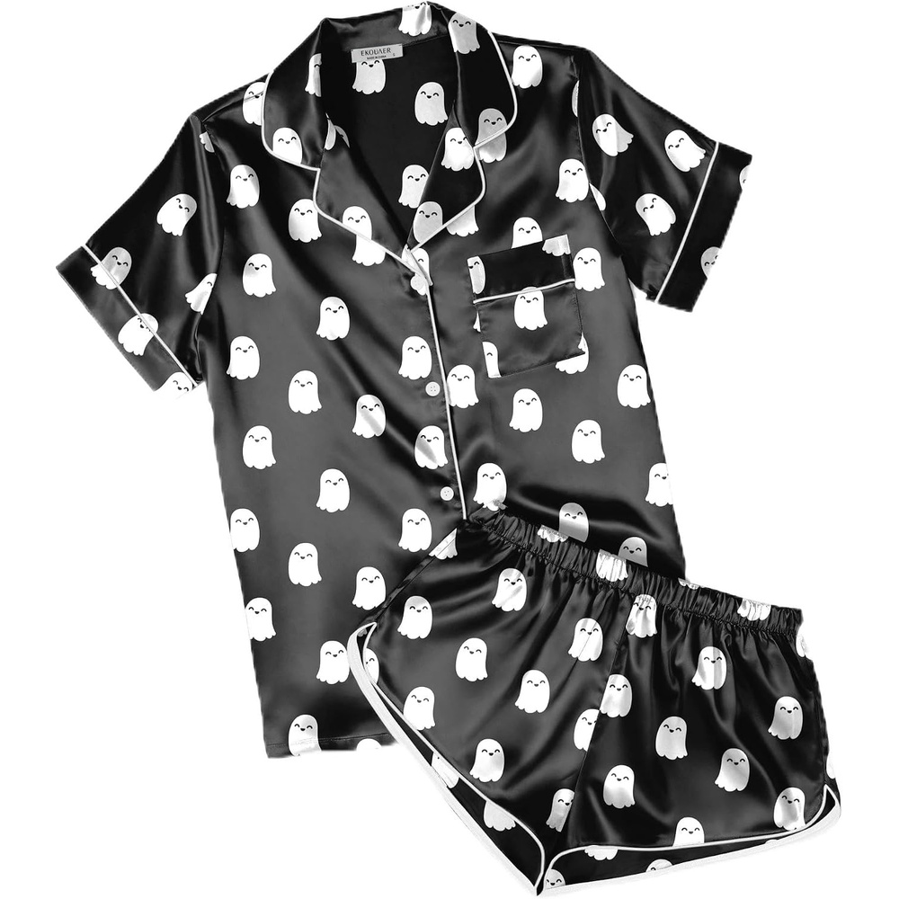 image:imageEkouaer Womens Satin Pajama Set Silk Pj Short Sets 2 Piece Loungewear S5XLHalloween Ghost Print