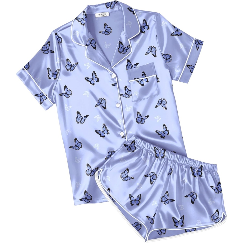 image:imageEkouaer Womens Satin Pajama Set Silk Pj Short Sets 2 Piece Loungewear S5XLLight Blue Butterfly