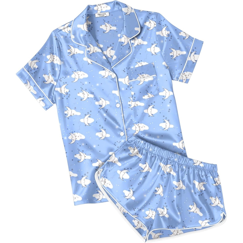 image:imageEkouaer Womens Satin Pajama Set Silk Pj Short Sets 2 Piece Loungewear S5XLMoon and White Clouds