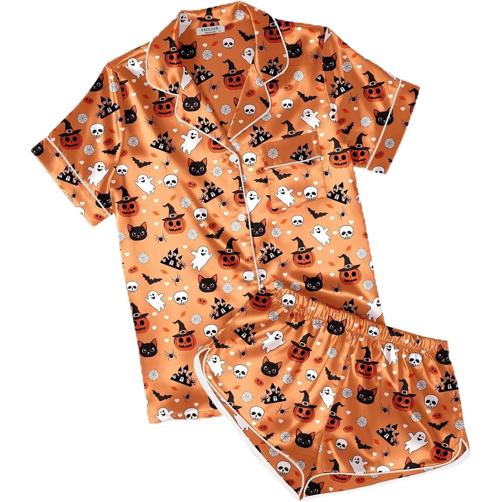image:imageEkouaer Womens Satin Pajama Set Silk Pj Short Sets 2 Piece Loungewear S5XLOrange Halloween Print