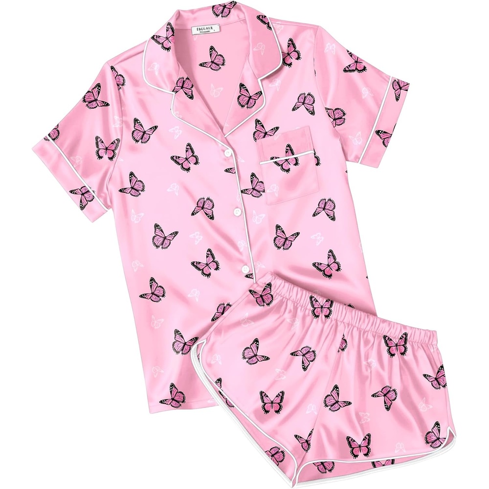 image:imageEkouaer Womens Satin Pajama Set Silk Pj Short Sets 2 Piece Loungewear S5XLPink Butterfly
