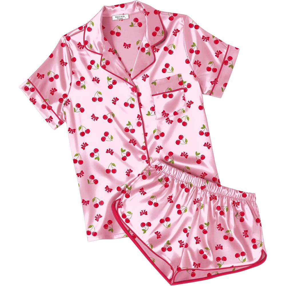 image:imageEkouaer Womens Satin Pajama Set Silk Pj Short Sets 2 Piece Loungewear S5XLPink Cherry Print