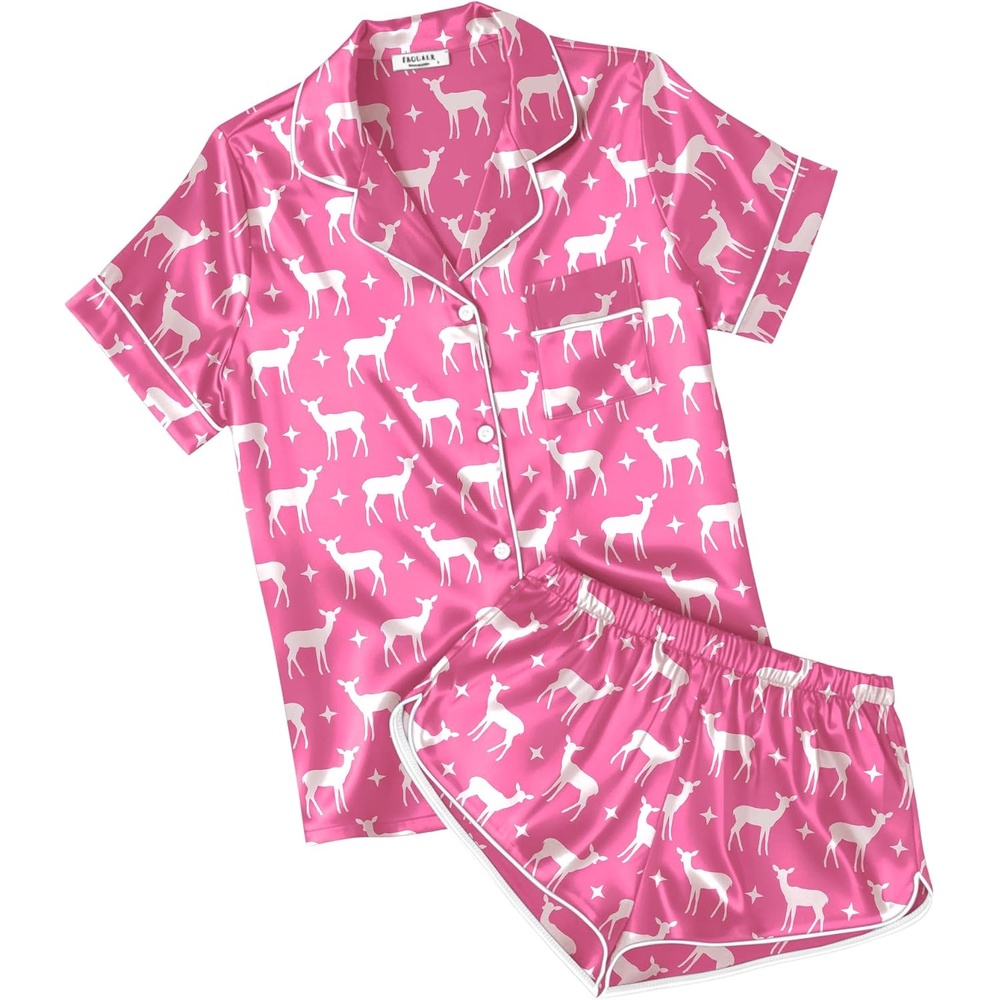 image:imageEkouaer Womens Satin Pajama Set Silk Pj Short Sets 2 Piece Loungewear S5XLPink Deer