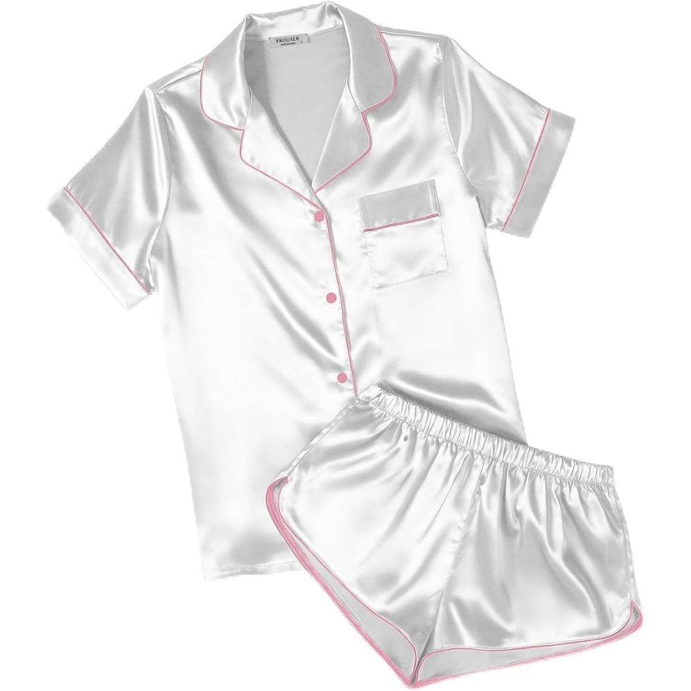 image:imageEkouaer Womens Satin Pajama Set Silk Pj Short Sets 2 Piece Loungewear S5XLWhite With Pink Piping