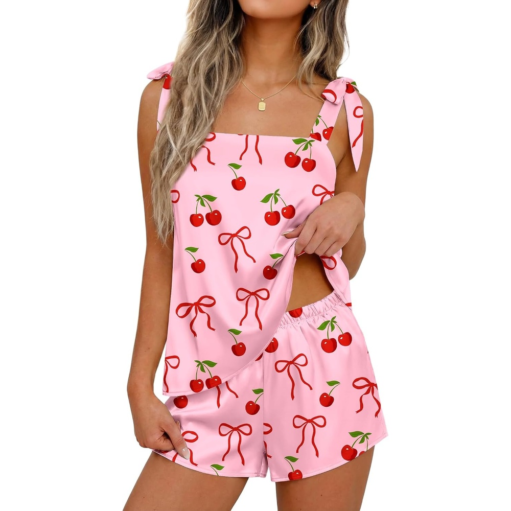 image:imageEkouaer Womens Silk Pajama Set Bow Tie Knot Tank Top Satin Pjs Sets SXXLCherry Bow Print