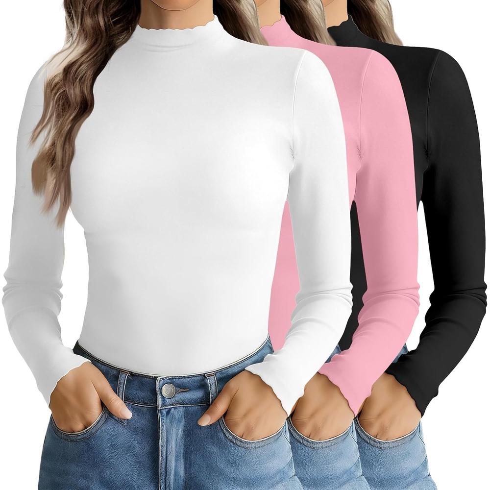 image:imageTurtleneck Tops for Women Long Sleeve Mock Neck Shirts Undershirts 3 PackBlackWhitePink