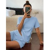 Ekouaer Cute Pajama Sets for Women Summer Short Sleeve Lounge Sets S-XXL(Light Blue)