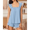 Ekouaer Pajama for Women Set 2 Piece Ruffle Pjs Soft Tank Top and Shorts(Light Blue)