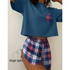 Ekouaer Womens Pajama Sets Sexy Lounge Sets Side Split Short Pj Sets(Blue Plaid)