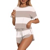 Ekouaer Womens Pajama Sets Sexy Lounge Sets Side Split Short Pj Sets(Khaki Stripes)