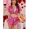 Ekouaer Womens Satin Pajama Set Silk Pj Short Sets 2 Piece Loungewear S-5XL(Rose Red Heart Leopard Print)