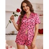 Ekouaer Womens Satin Pajama Set Silk Pj Short Sets 2 Piece Loungewear S-5XL(Rose Red Heart Leopard Print)