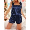 Ekouaer Womens Silk Pajama Set Bow Tie Knot Tank Top Satin Pjs Sets S-XXL(Navy Blue)