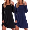 Ekouaer 2 Pack Long Sleeve Nightgown for Women Crew Neck Pleated Sleepshirt(Black/Navy Blue)