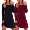 Ekouaer 2 Pack Long Sleeve Nightgown for Women Crew Neck Pleated Sleepshirt(Black/Wine Red)
