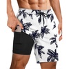 Ekouaer 9 Inch Mens Swim Trunks with Compression Liner 2 in 1 Board Shorts(Coconut Tree-white)