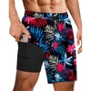 Ekouaer 9 Inch Mens Swim Trunks with Compression Liner 2 in 1 Board Shorts(Leaves Black Blue)
