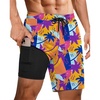 Ekouaer 9 Inch Mens Swim Trunks with Compression Liner 2 in 1 Board Shorts(Orange Coconut Tree)