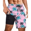 Ekouaer 9 Inch Mens Swim Trunks with Compression Liner 2 in 1 Board Shorts(Pink Coconut Tree-2)