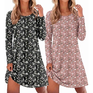 Ekouaer 2 Pack Long Sleeve Nightgown for Women Crew Neck Pleated Sleepshirt(Black Floral Leaf/ Pink Floral Leaf)