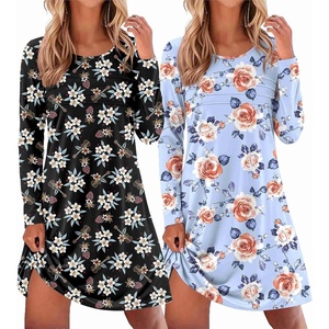 Ekouaer 2 Pack Long Sleeve Nightgown for Women Crew Neck Pleated Sleepshirt(Black Flower/Blue Flower)