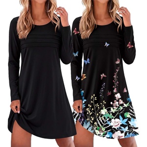 Ekouaer 2 Pack Long Sleeve Nightgown for Women Crew Neck Pleated Sleepshirt(Black/Black Butterfly)
