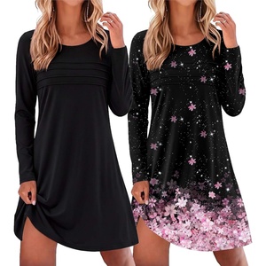 Ekouaer 2 Pack Long Sleeve Nightgown for Women Crew Neck Pleated Sleepshirt(Black/Cherry Blossoms)