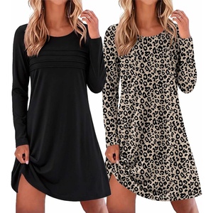 Ekouaer 2 Pack Long Sleeve Nightgown for Women Crew Neck Pleated Sleepshirt(Black/Leopard)