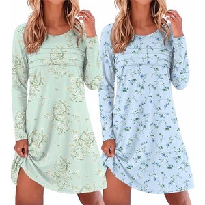 Ekouaer 2 Pack Long Sleeve Nightgown for Women Crew Neck Pleated Sleepshirt(Blue Floral/Light Green Floral)