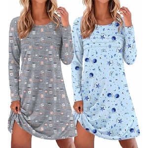 Ekouaer 2 Pack Long Sleeve Nightgown for Women Crew Neck Pleated Sleepshirt(Coffe/Star Print)