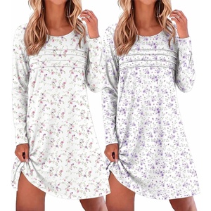 Ekouaer 2 Pack Long Sleeve Nightgown for Women Crew Neck Pleated Sleepshirt(Purple Flower/White Floral)