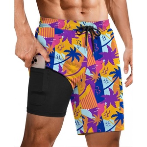 Ekouaer 9 Inch Mens Swim Trunks with Compression Liner 2 in 1 Board Shorts(Orange Coconut Tree)